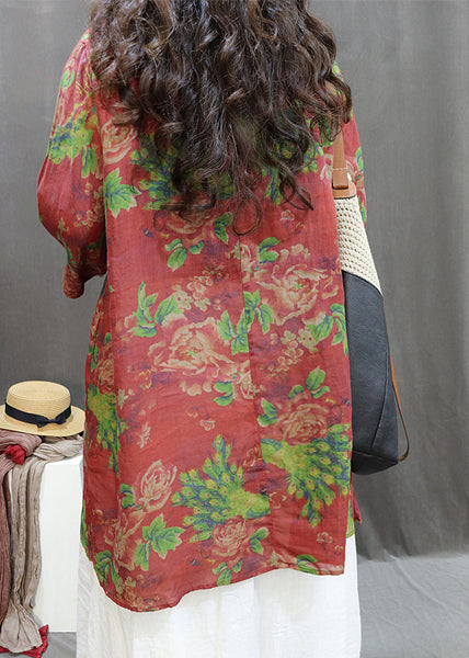 Loose Red Print Side Open Cotton Blouses Summer GG060 MZF-HTP240610