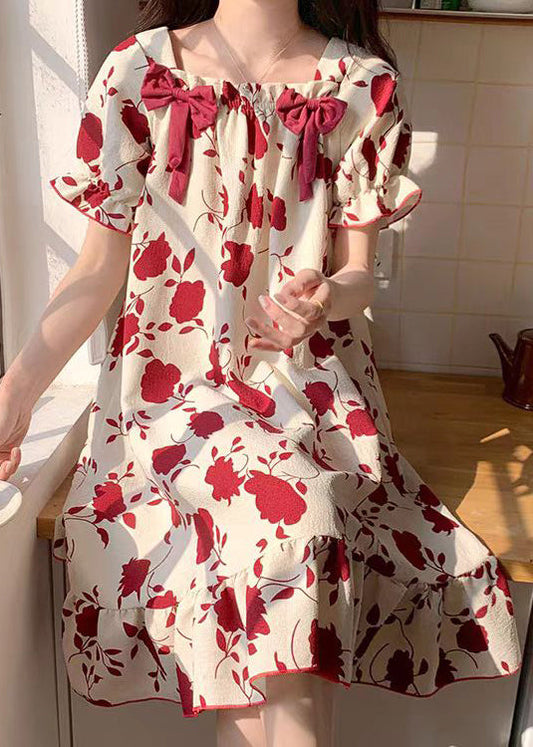 Loose Red Square Collar Bow Print Cotton Pajamas Dress Summer YK016 ABC