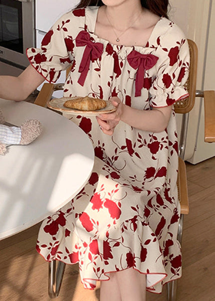 Loose Red Square Collar Bow Print Cotton Pajamas Dress Summer YK016 ABC