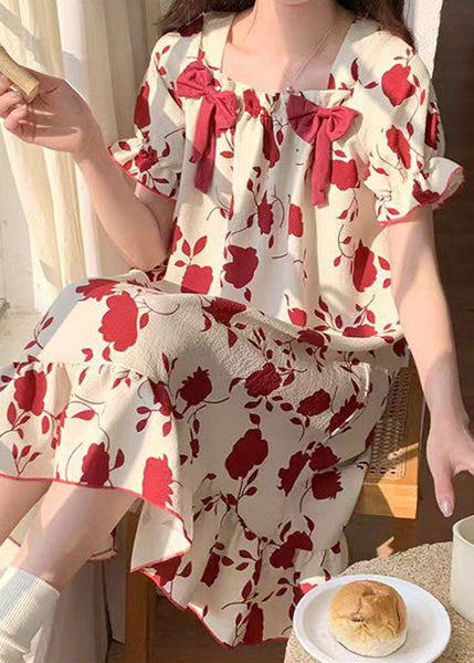 Loose Red Square Collar Bow Print Cotton Pajamas Dress Summer YK016 ABC
