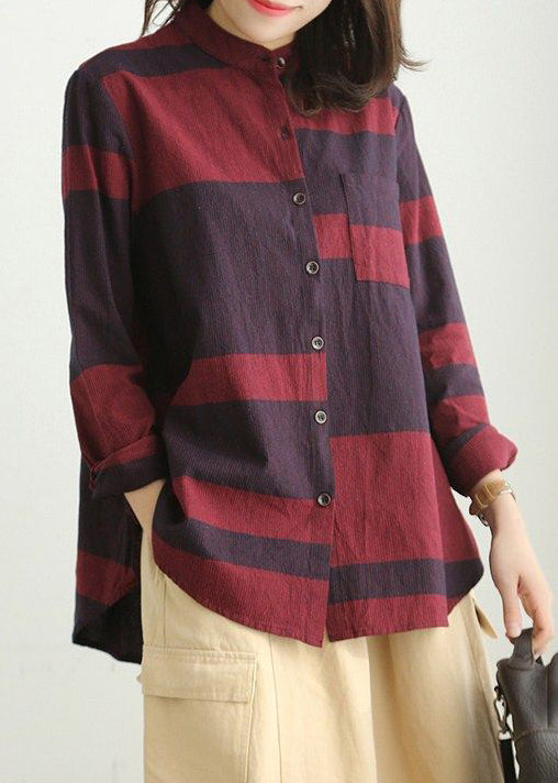 Loose Red Stand Collar Button Cotton Blouses Long Sleeve VV072 HS-LTP240627