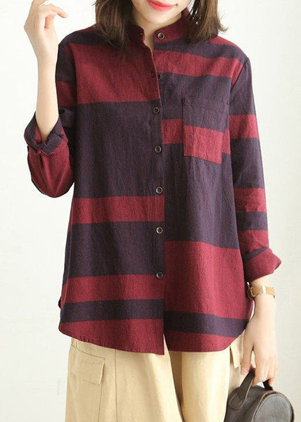 Loose Red Stand Collar Button Cotton Blouses Long Sleeve VV072 HS-LTP240627