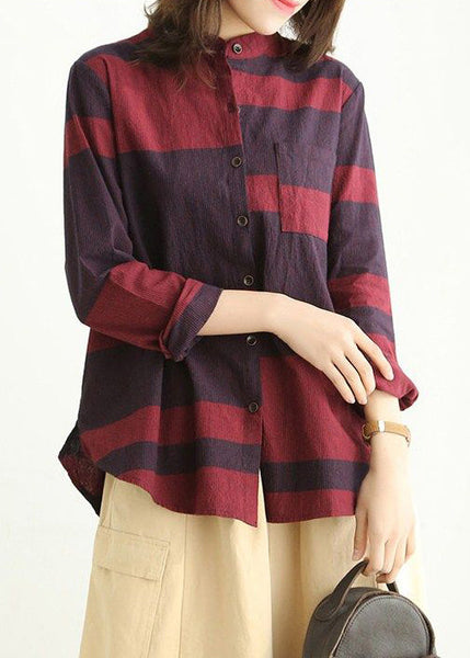 Loose Red Stand Collar Button Cotton Blouses Long Sleeve VV072 HS-LTP240627