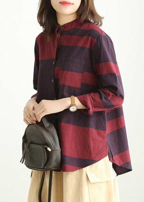 Loose Red Stand Collar Button Cotton Blouses Long Sleeve VV072 HS-LTP240627