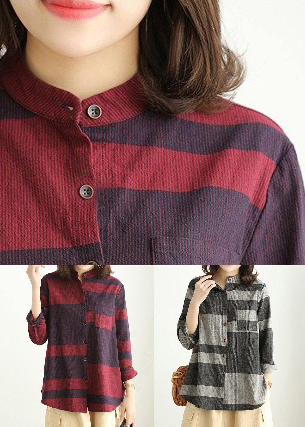 Loose Red Stand Collar Button Cotton Blouses Long Sleeve VV072 HS-LTP240627