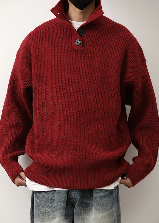 Loose Red Stand Collar Button Knit Mens Sweaters Spring TK011
