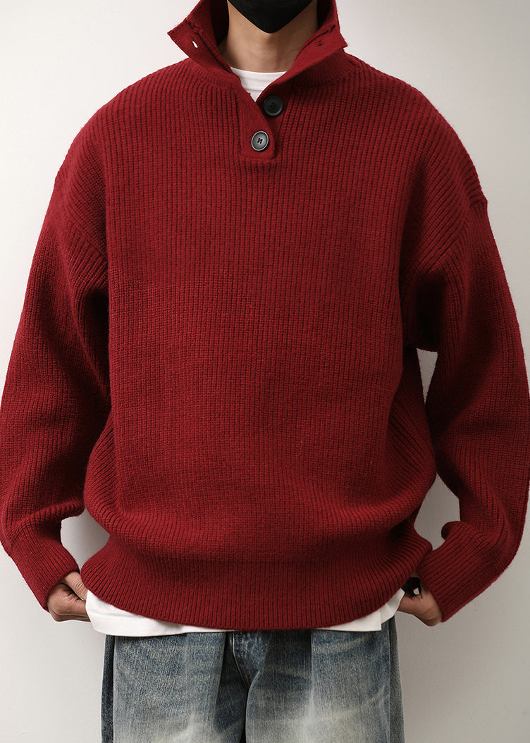 Loose Red Stand Collar Button Knit Mens Sweaters Spring TK011