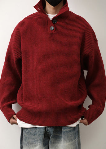 Loose Red Stand Collar Button Knit Mens Sweaters Spring TK011