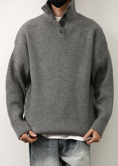 Loose Red Stand Collar Button Knit Mens Sweaters Spring TK011