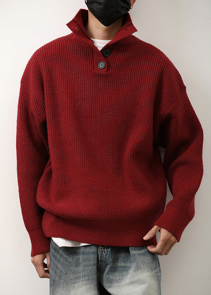 Loose Red Stand Collar Button Knit Mens Sweaters Spring TK011