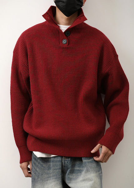 Loose Red Stand Collar Button Knit Mens Sweaters Spring TK011