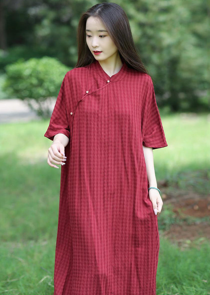 Loose Red Stand Collar Button Linen Long Dresses Summer MN055 MMDM-SDL240704