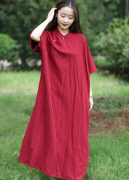 Loose Red Stand Collar Button Linen Long Dresses Summer MN055 MMDM-SDL240704