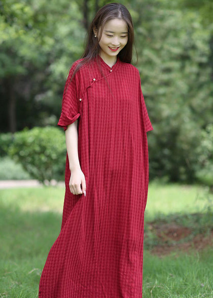 Loose Red Stand Collar Button Linen Long Dresses Summer MN055 MMDM-SDL240704