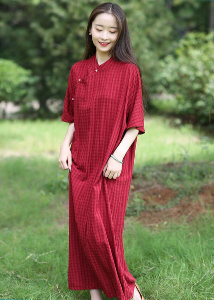Loose Red Stand Collar Button Linen Long Dresses Summer MN055 MMDM-SDL240704