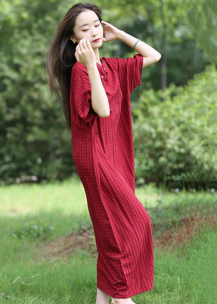 Loose Red Stand Collar Button Linen Long Dresses Summer MN055 MMDM-SDL240704
