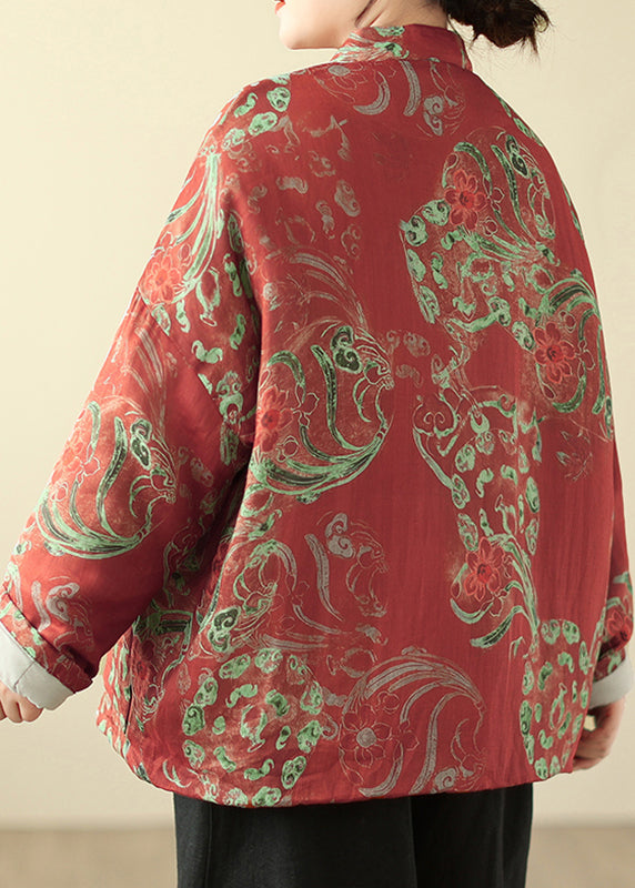 Loose Red Stand Collar Button Print Parka Winter QG002 OM-DJK241016