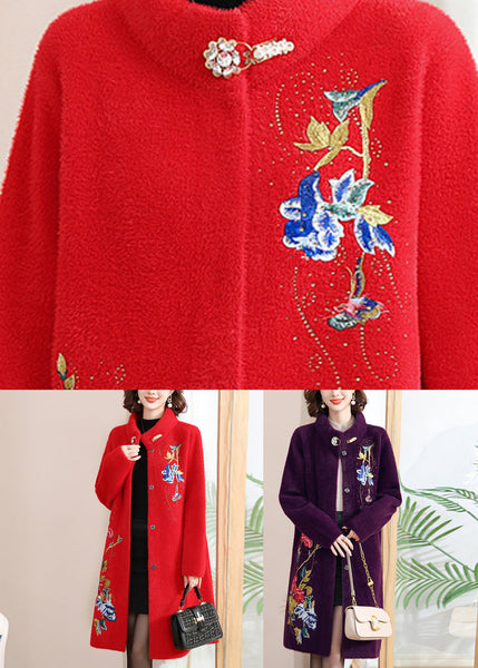 Loose Red Stand Collar Long Woolen Coats Spring TA030