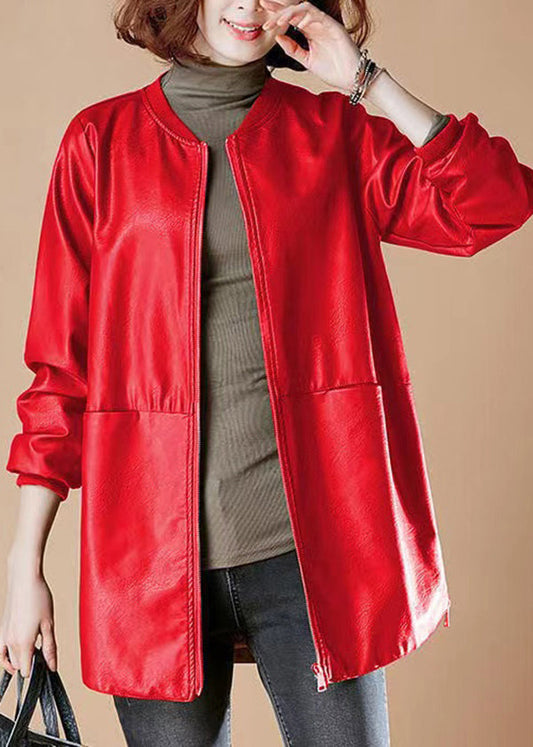 Loose Red Stand Collar Pockets Faux Leather Jackets Spring TH041