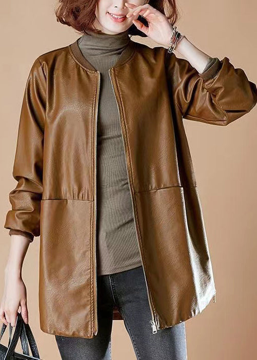 Loose Red Stand Collar Pockets Faux Leather Jackets Spring TH041