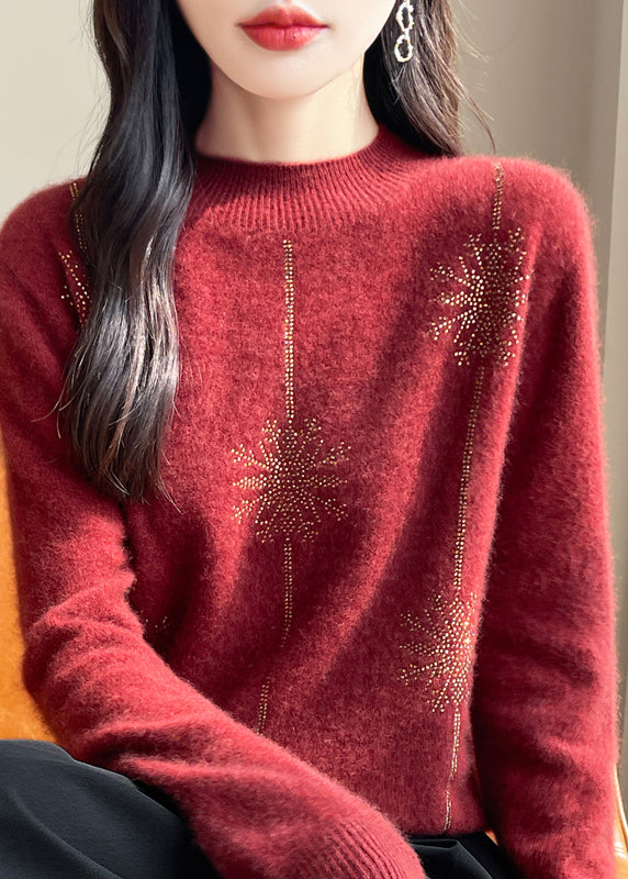 Loose Red Turtleneck Zircon Patchwork Thick Cotton Knit Sweater Winter TE041 ABC