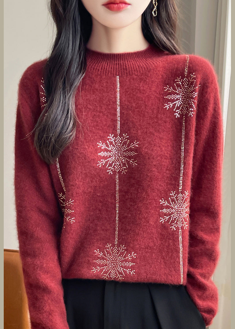 Loose Red Turtleneck Zircon Patchwork Thick Cotton Knit Sweater Winter TE041 ABC