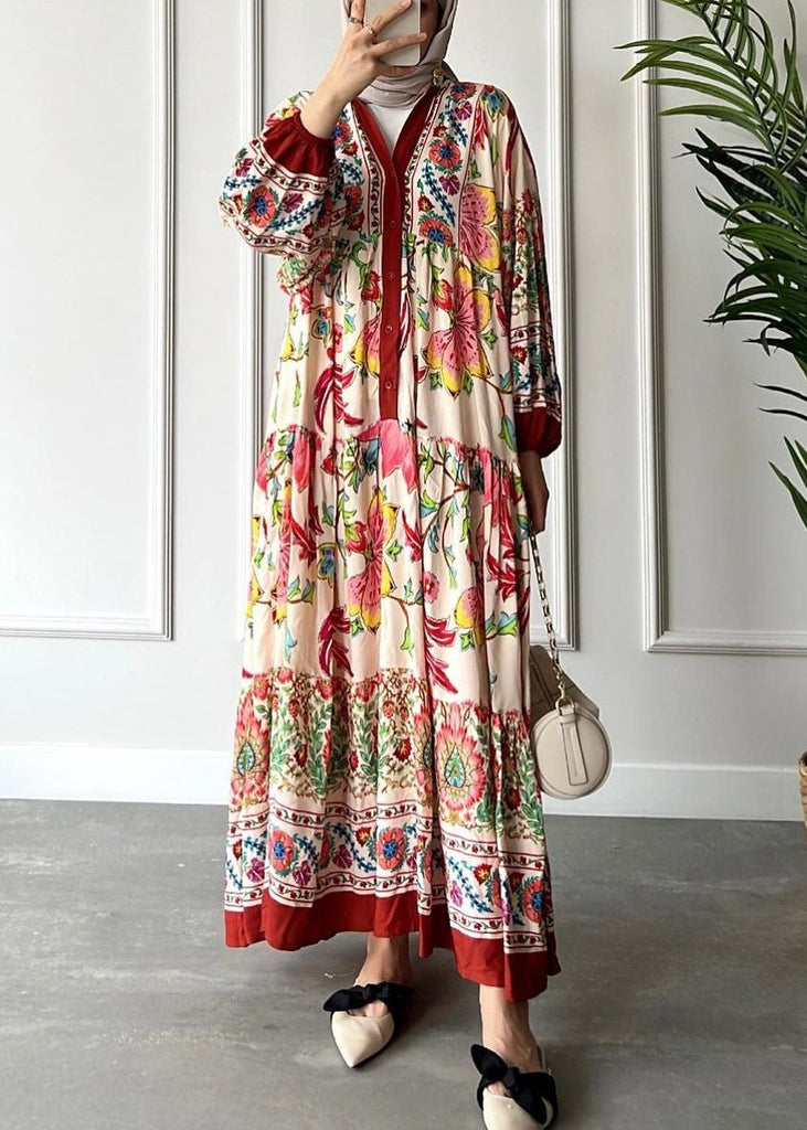 Loose Red V Neck Button Print Cotton Long Dress Long Sleeve AA1012 Ada Fashion