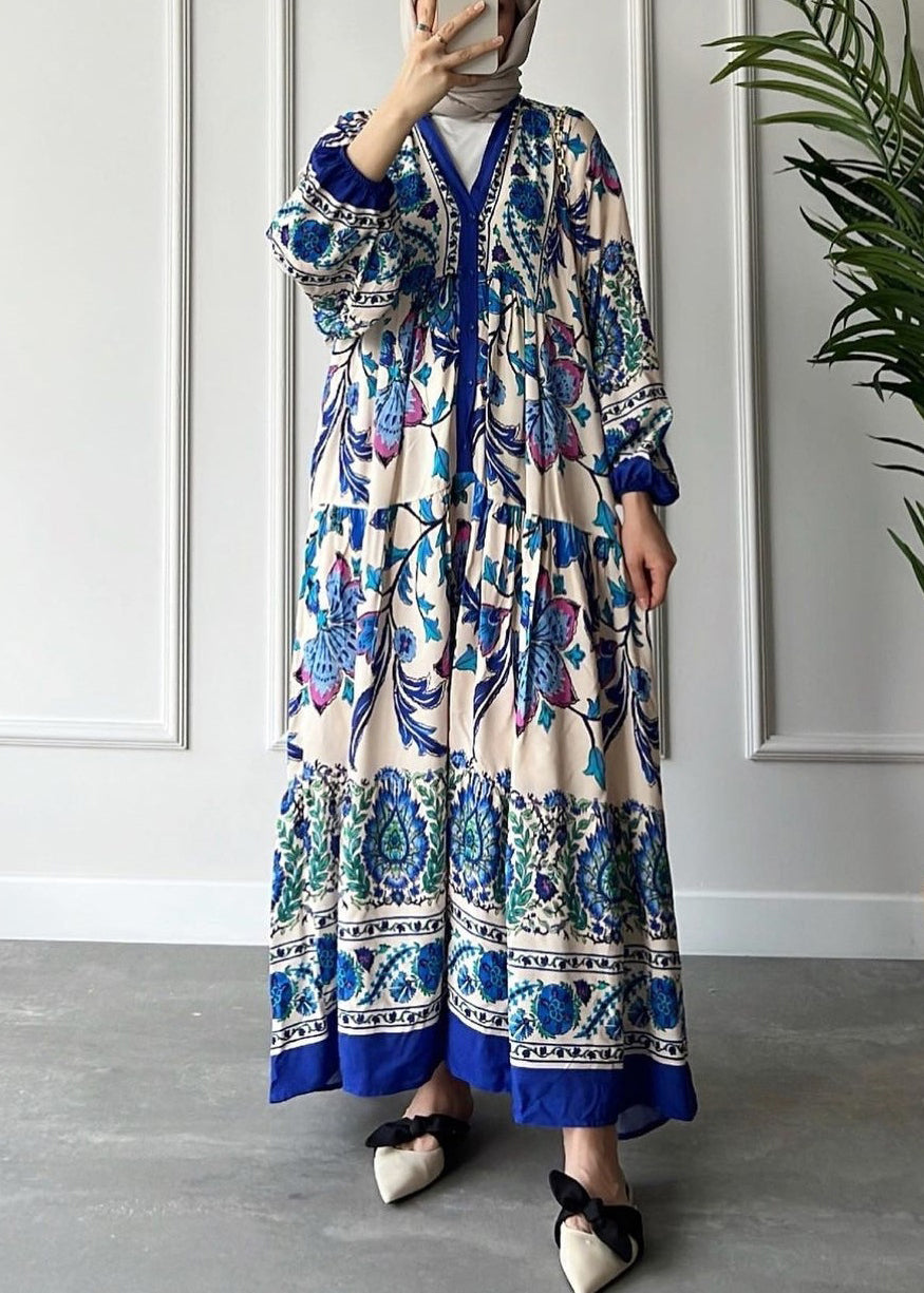 Loose Red V Neck Button Print Cotton Long Dress Long Sleeve AA1012 Ada Fashion