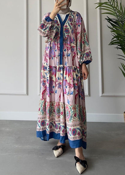 Loose Red V Neck Button Print Cotton Long Dress Long Sleeve AA1012 Ada Fashion