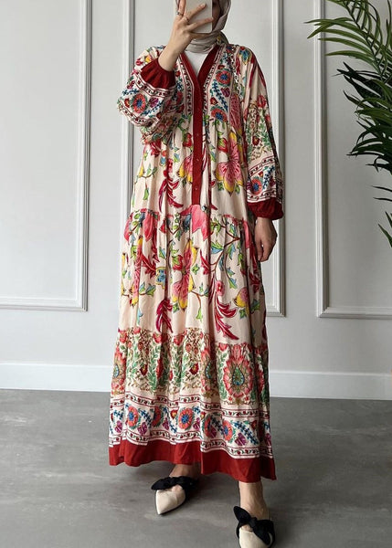 Loose Red V Neck Button Print Cotton Long Dress Long Sleeve AA1012 Ada Fashion