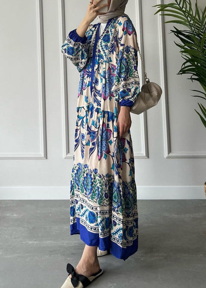 Loose Red V Neck Button Print Cotton Long Dress Long Sleeve AA1012 Ada Fashion