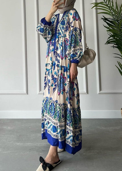 Loose Red V Neck Button Print Cotton Long Dress Long Sleeve AA1012 Ada Fashion