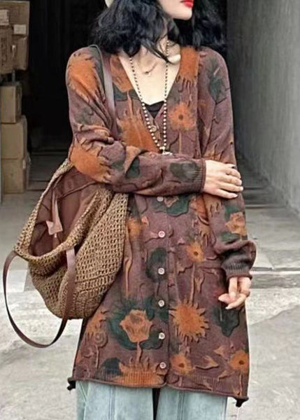 Loose Red V Neck Print Button Knit Cardigans Spring VB1059 Ada Fashion