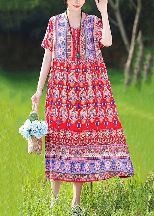 Loose Red V Neck Print Pockets Cotton Pajamas Dresses Summer MN067 MMDM-SDL240704