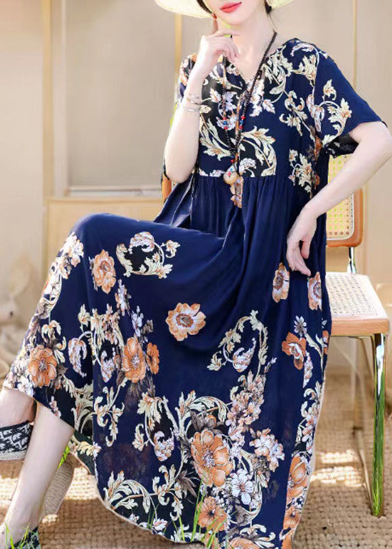 Loose Red V Neck Print Pockets Cotton Pajamas Dresses Summer MN067 MMDM-SDL240704