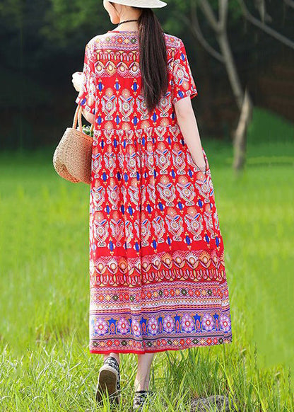 Loose Red V Neck Print Pockets Cotton Pajamas Dresses Summer MN067 MMDM-SDL240704