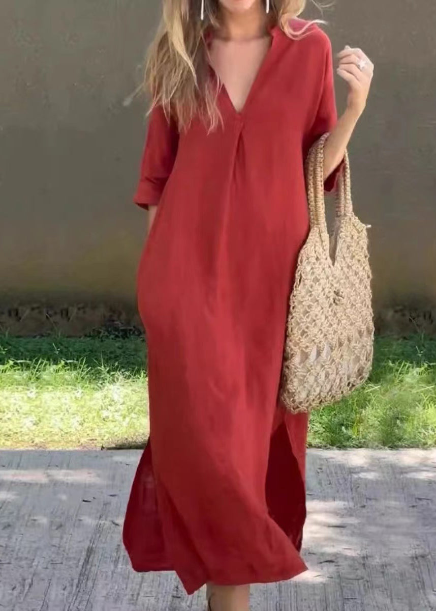 Half Holiday Neck Linen Open Side Loose Red Dress V Sleeve FashionChic