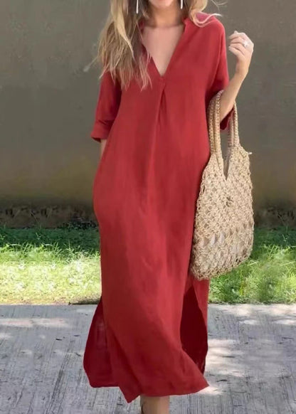 Half Holiday Neck Linen Open Side Loose Red Dress V Sleeve FashionChic
