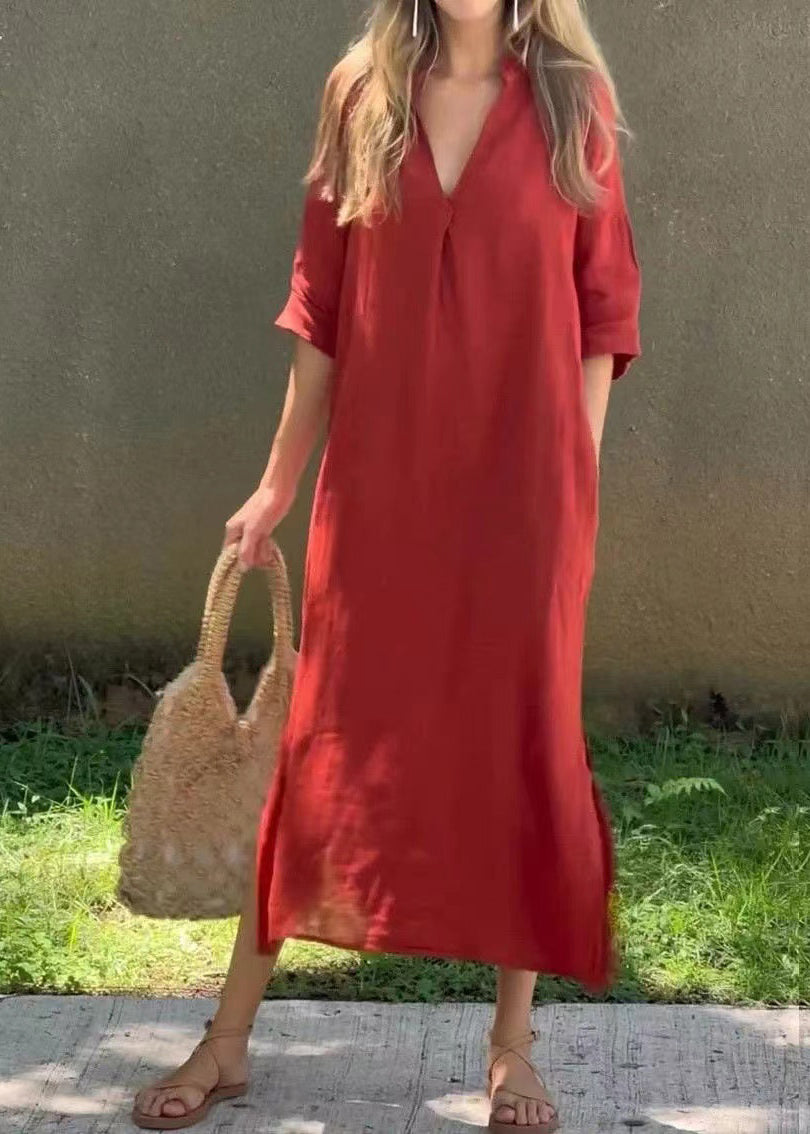 Half Holiday Neck Linen Open Side Loose Red Dress V Sleeve FashionChic