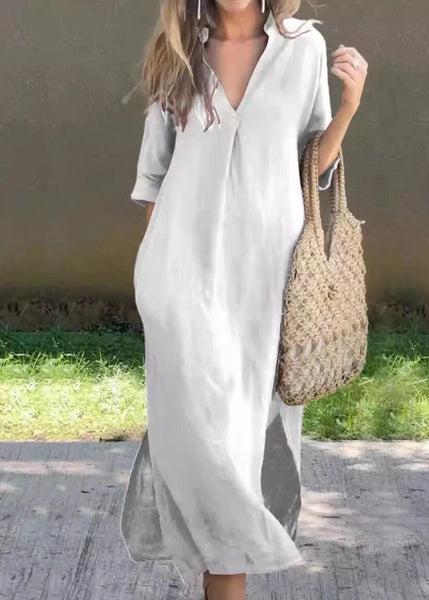 Half Holiday Neck Linen Open Side Loose Red Dress V Sleeve FashionChic