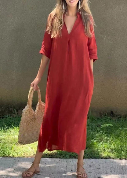 Half Holiday Neck Linen Open Side Loose Red Dress V Sleeve FashionChic
