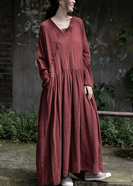 Loose Red Wrinkled Pockets Cotton Maxi Dress Long Sleeve MN059 MMDM-FDL240704