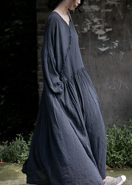 Loose Red Wrinkled Pockets Cotton Maxi Dress Long Sleeve MN059 MMDM-FDL240704