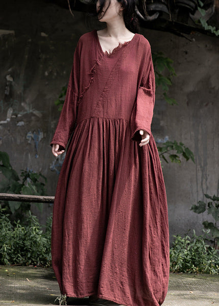Loose Red Wrinkled Pockets Cotton Maxi Dress Long Sleeve MN059 MMDM-FDL240704