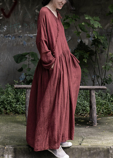 Loose Red Wrinkled Pockets Cotton Maxi Dress Long Sleeve MN059 MMDM-FDL240704
