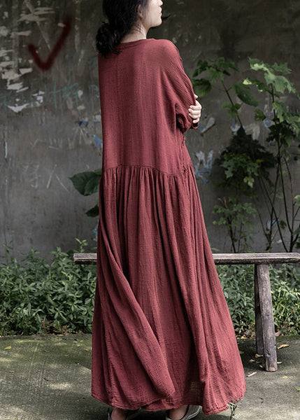 Loose Red Wrinkled Pockets Cotton Maxi Dress Long Sleeve MN059 MMDM-FDL240704