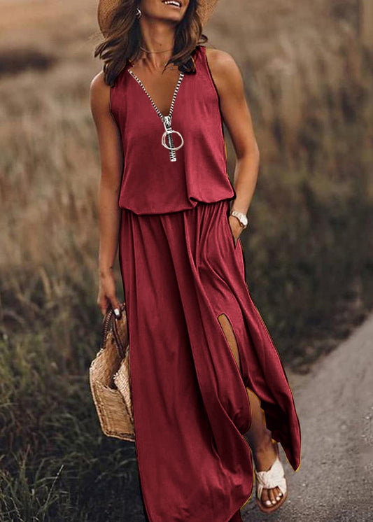 Cotton Open Zip Sleeveless Side Patchwork Red Up Loose Dress FashionChic