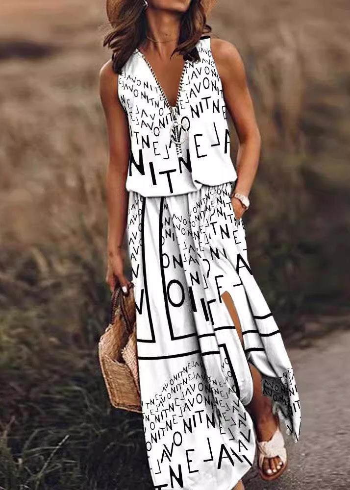 Cotton Open Zip Sleeveless Side Patchwork Red Up Loose Dress FashionChic