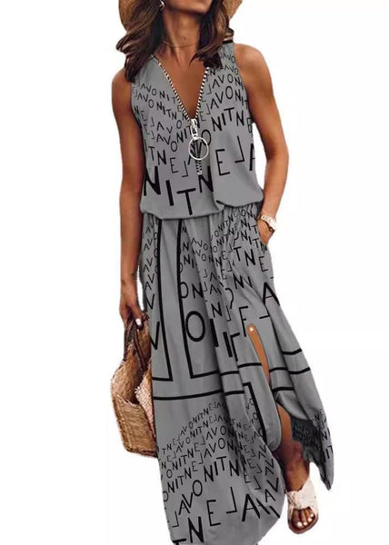 Cotton Open Zip Sleeveless Side Patchwork Red Up Loose Dress FashionChic