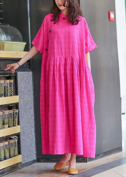 Loose Rose Button Pockets Linen Long Dresses Summer MN047 MMDM-SDL240704